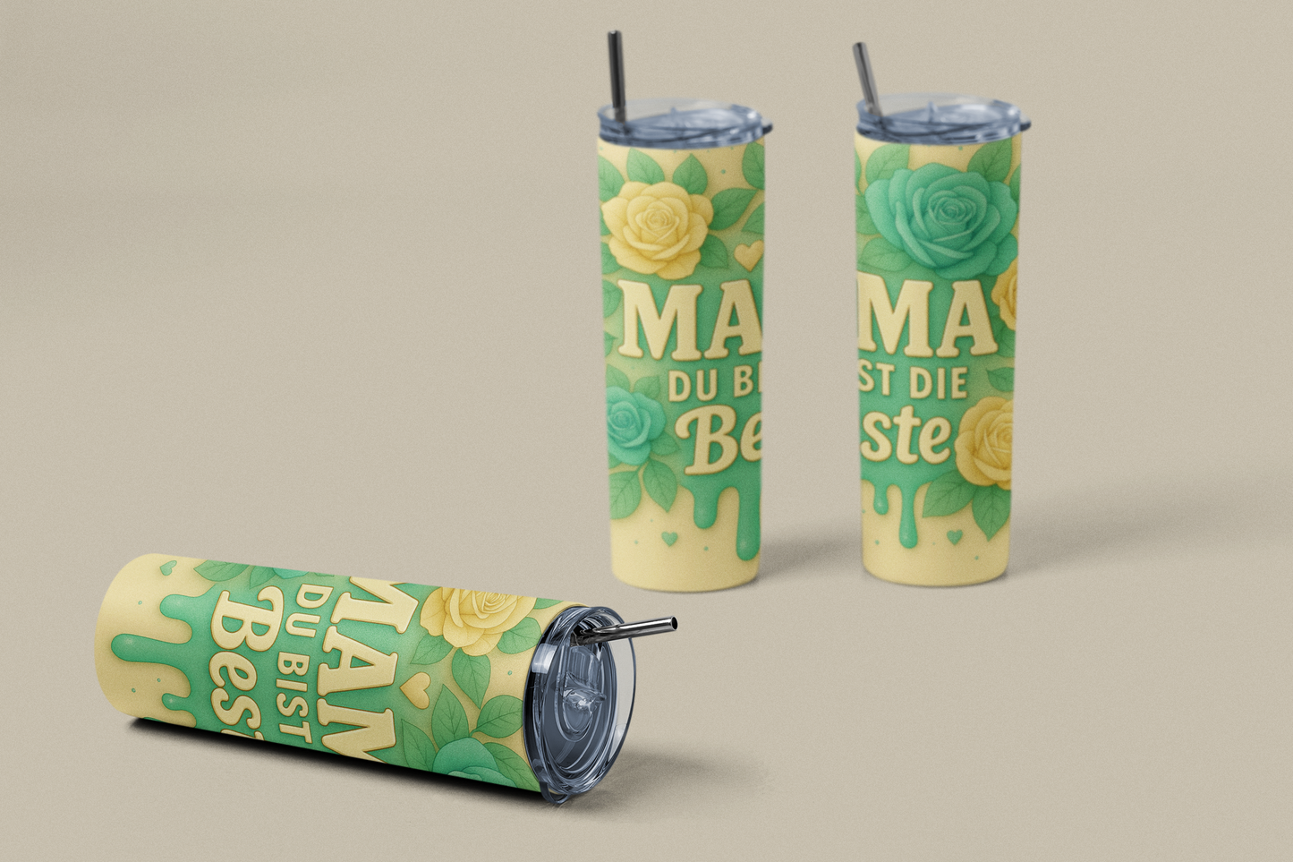 „Tumbler Grüner Rosengruß – Thermobecher für Mama mit Blumen-Motiv | Geschenkidee Muttertag & Geburtstag“