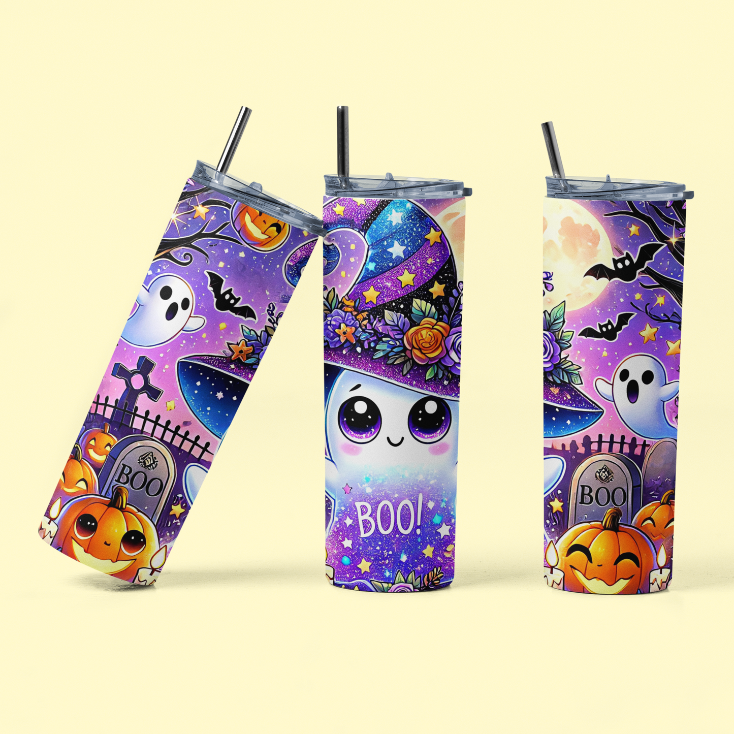 „Halloween Tumbler Boo! – Thermobecher mit Gespenst & Zauberhut | Geschenk für Halloween-Fans“