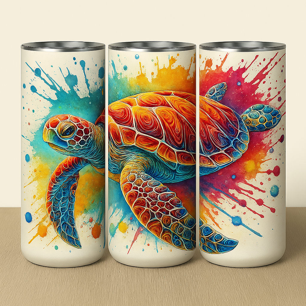 Farbenfroher Tumbler – Schildkröte mit Splash-Effekt