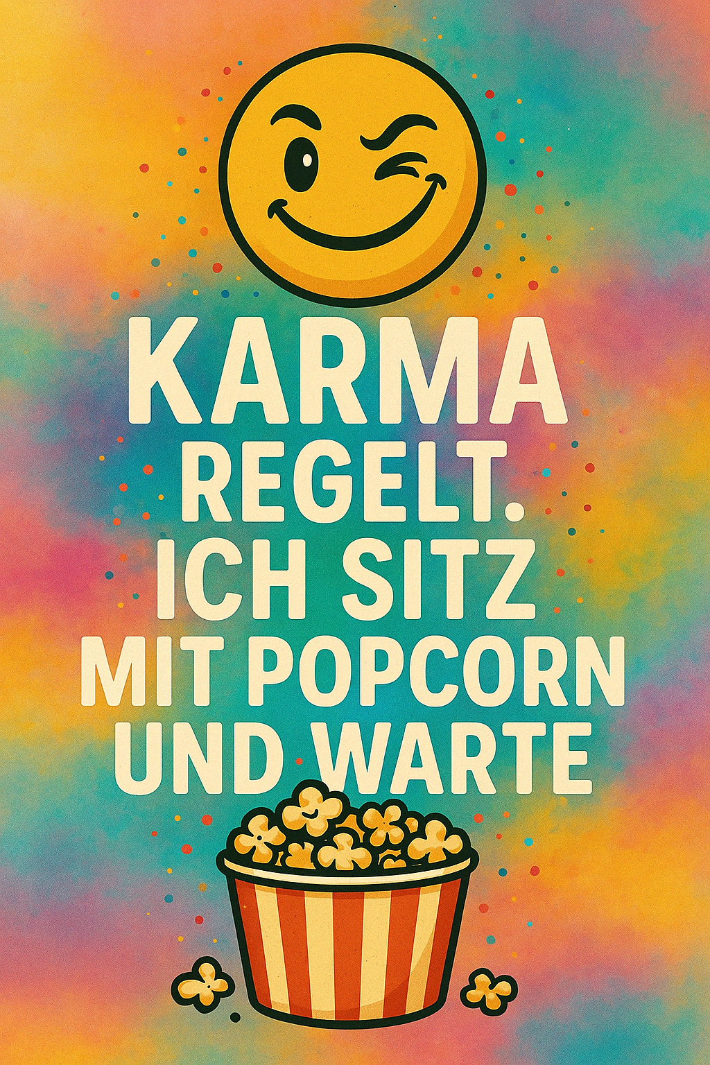 „Tumbler Karma Spruch – ‚Ich sitz mit Popcorn und warte‘ | Lustiger Thermobecher bunt & frech“