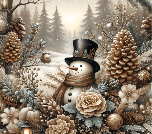 Winterzauber Tumbler – Schneemann im goldenen Tannentraum