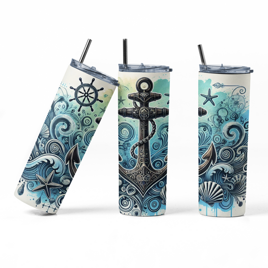 „Tumbler Maritim – Thermobecher mit Anker & Wellenmeer | Geschenkidee für Segler & Küstenfans“
