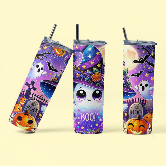 „Halloween Tumbler Boo! – Thermobecher mit Gespenst & Zauberhut | Geschenk für Halloween-Fans“