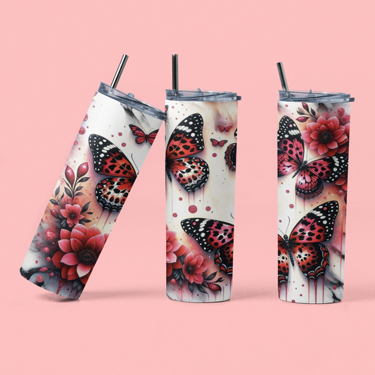 „Tumbler Red Bloom – Thermobecher mit Schmetterlings-Motiv | Elegantes Geschenk für Frauen“