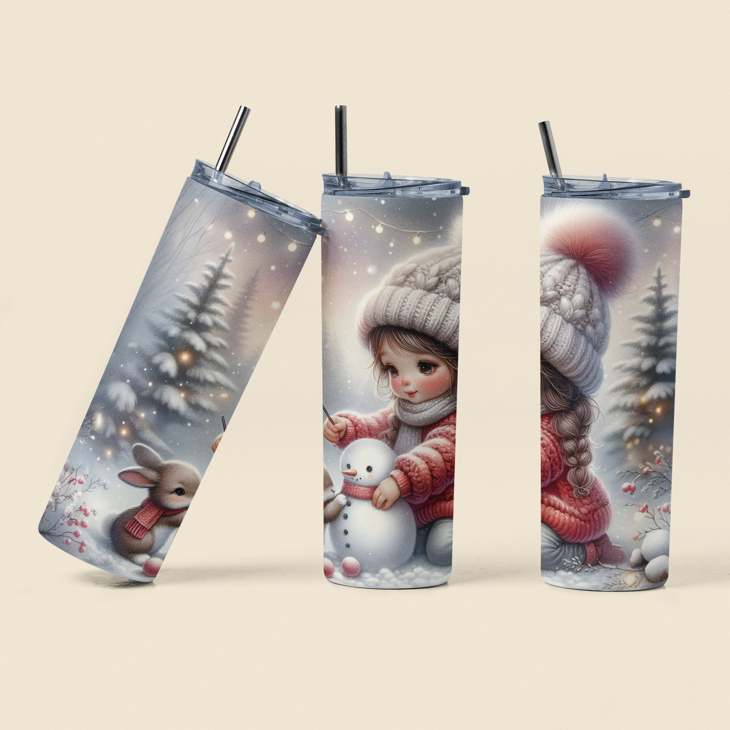Winterzauber Tumbler – Mädchen mit Schneemann & Häschen