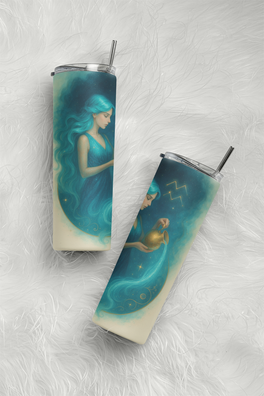 „Tumbler Sternzeichen Wassermann – Thermobecher Golden Flow | Geschenk für Astrologie-Fans“