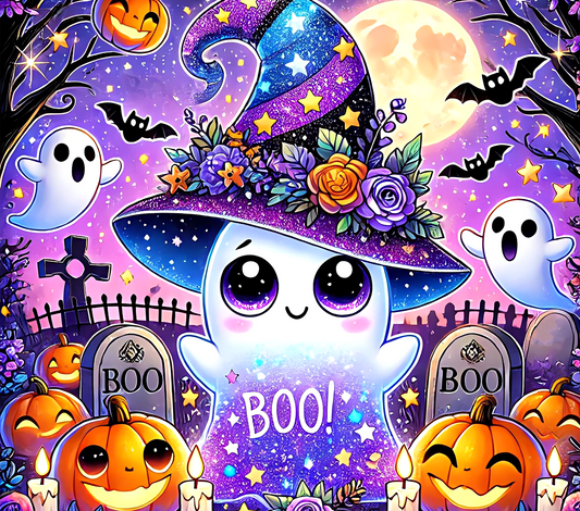 „Halloween Tumbler Boo! – Thermobecher mit Gespenst & Zauberhut | Geschenk für Halloween-Fans“