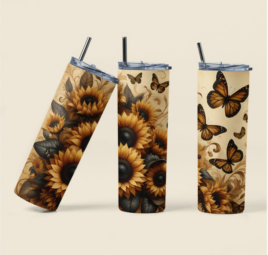 „Tumbler Sonnenblumen & Schmetterlinge – Thermobecher mit herbstlichem Motiv | Geschenkidee für Naturfreunde“