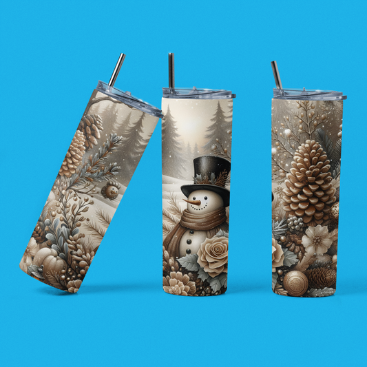 Winterzauber Tumbler – Schneemann im goldenen Tannentraum