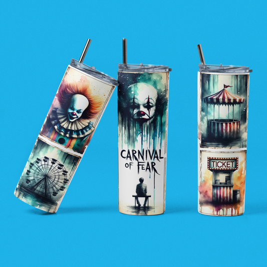 „Tumbler Carnival of Fear – Thermobecher mit Horror-Motiv | Geschenk für Gothic & Grusel-Fans“