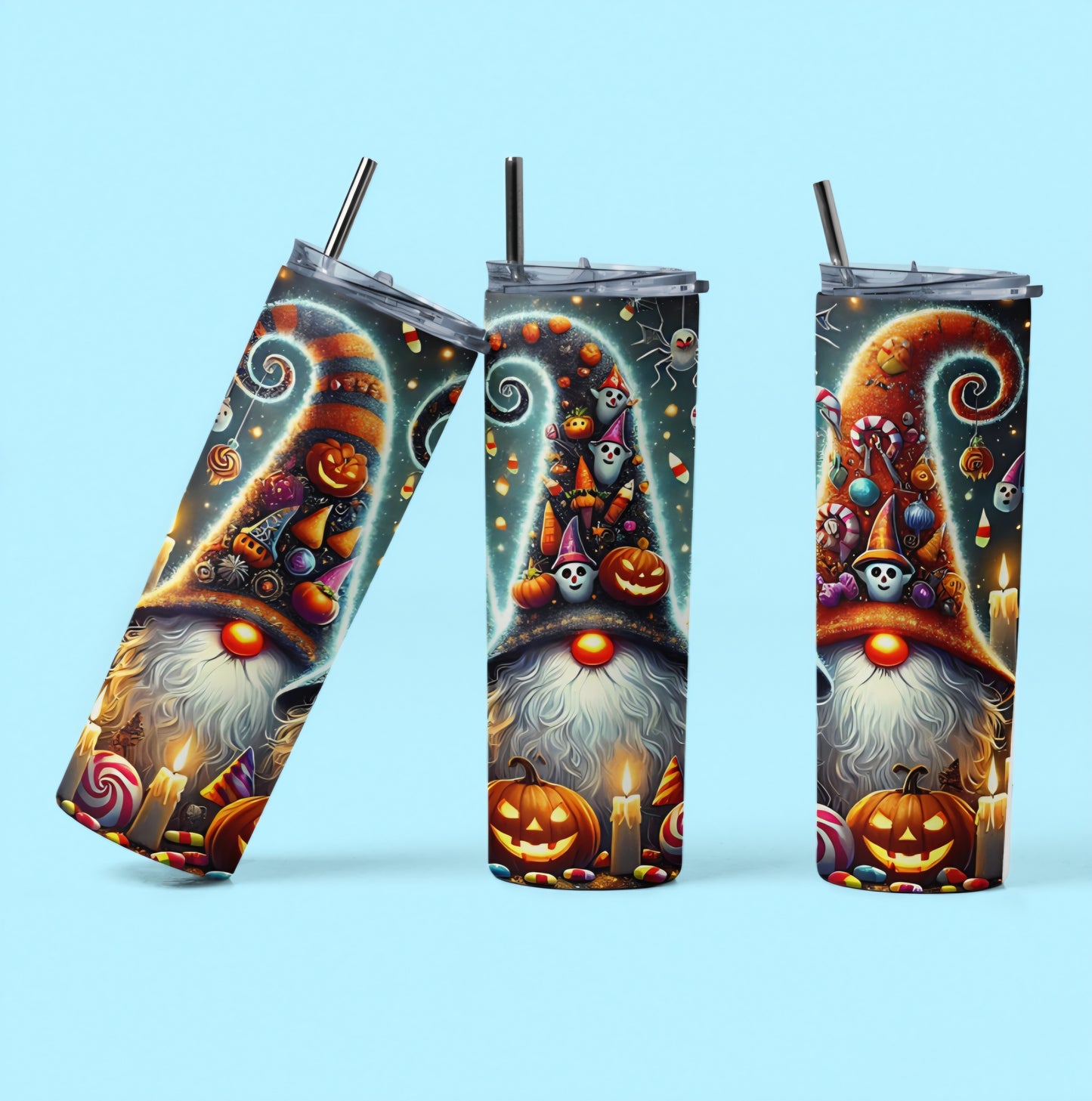 „Halloween Tumbler – Thermobecher mit Kürbis, Wichtel & Süßigkeiten | Geschenkidee für Halloween-Party“