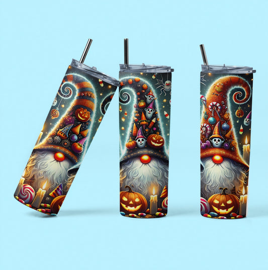 „Halloween Tumbler – Thermobecher mit Kürbis, Wichtel & Süßigkeiten | Geschenkidee für Halloween-Party“